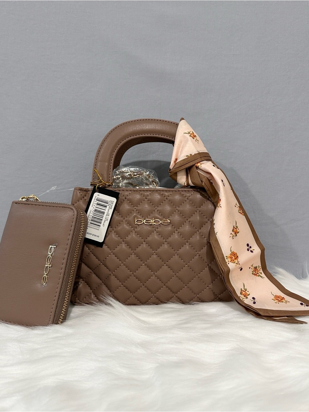 Bebe Sofie Small Quilted Satchel w Wallet in Taupe Crossbody Chain NWT